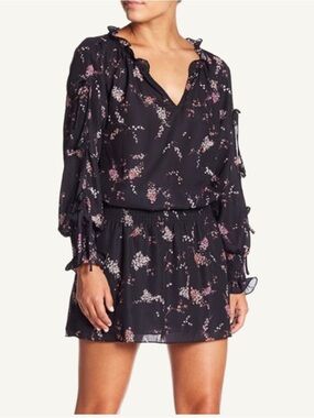 Parker Plum Blossom Floral Mini Dress Smocked Waist Long Sleeve M